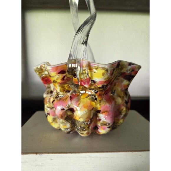 End of Day Cased Splatter Art Glass Basket w/ Silver Aventurine & Rope Handle 7" - Picture 4 of 9